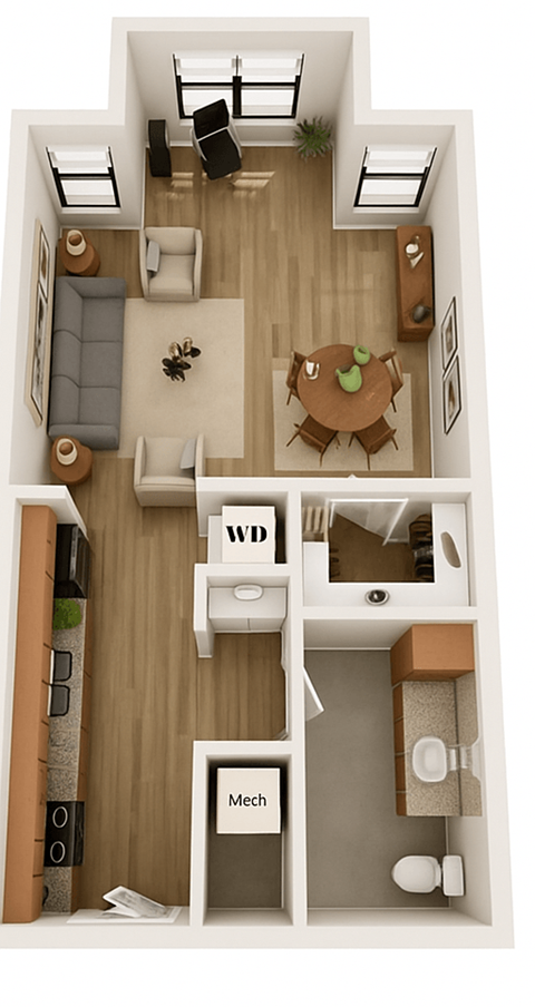 Floor plan for studio, 1 bath, 613 sqft